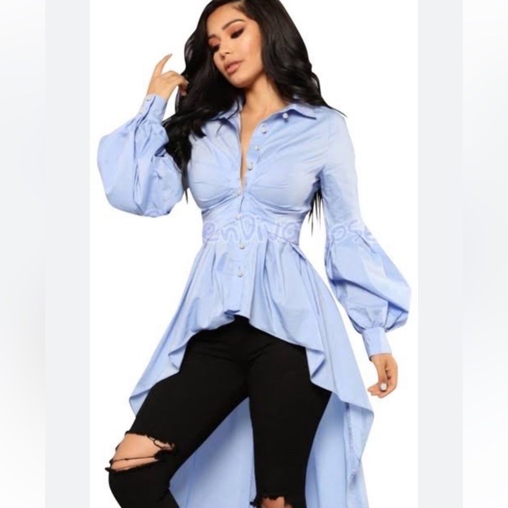 Nylon Premium Blue Turning Heads Hi Lo Peplum Button Shirt Blouse Long Sleeve S